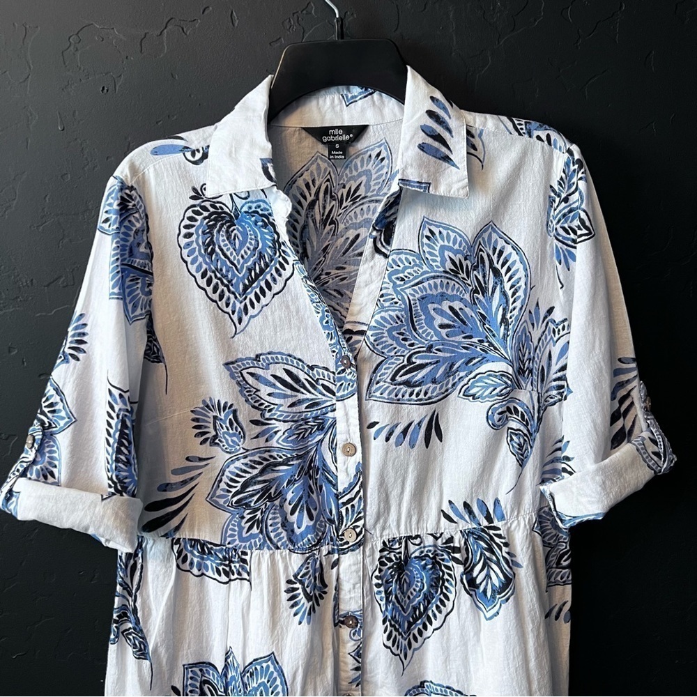 MLLE GABRIELLE • White & Blue print Dress Size S oversized dress No belt - Picture 3 of 12